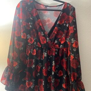Torrid Black and Red Floral Blouse, Size 1 (14/16)